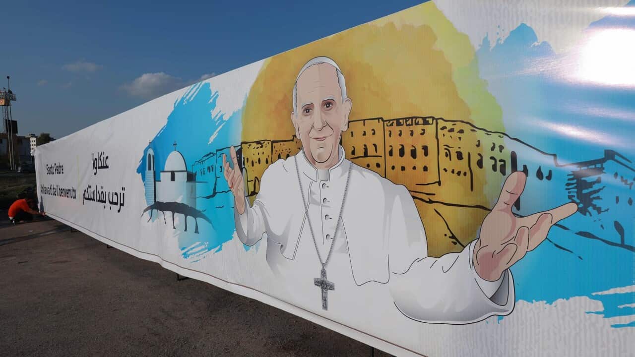 A poster of Pope Francis in Erbil, the capital of Iraq's northern autonomous Kurdish region