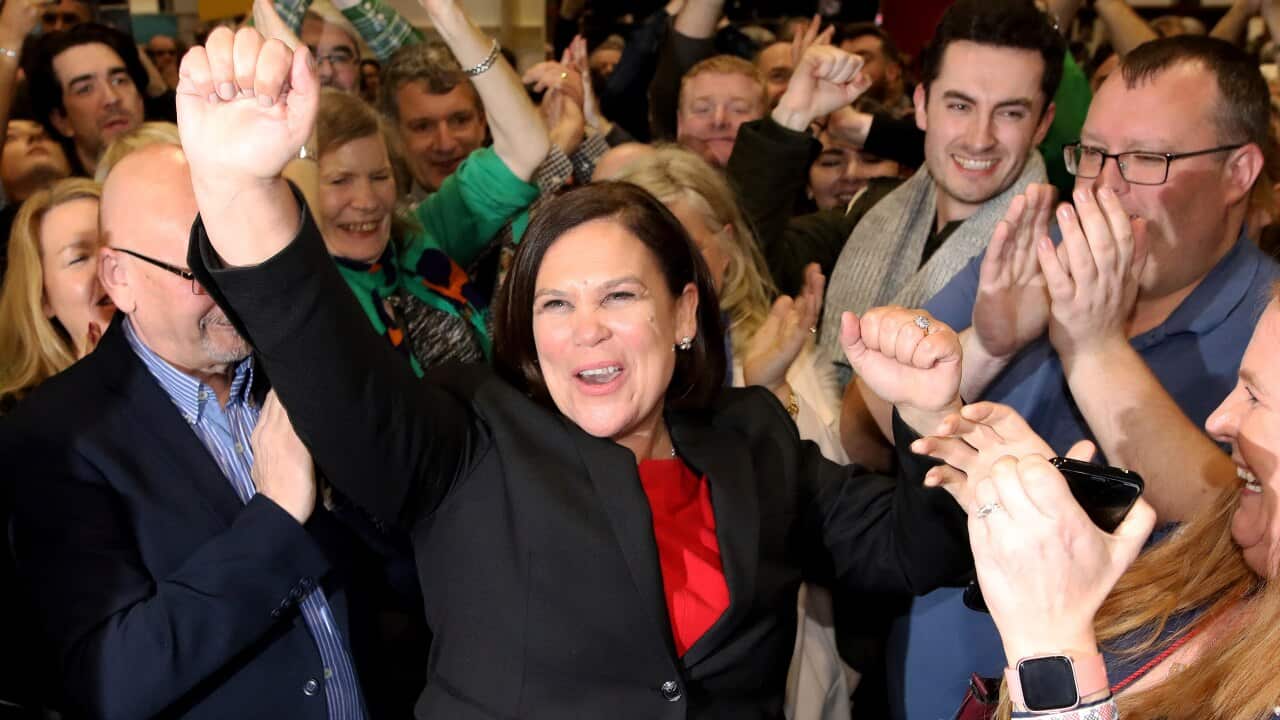 Sinn Fein leader Mary Lou McDonald celebrates with supporters after topping the poll at the RDS count centre in Dublin, Ireland, Sunday, 9 February, 2020.