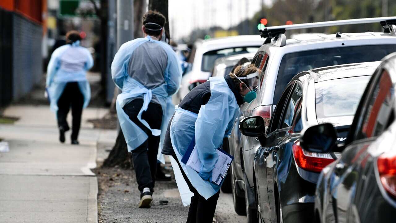 A COVID-19 testing station in Hindmarsh, Adelaide, Wednesday, July 21, 2021. South Australia has entered its first full day of a seven-day lockdown as the number of COVID-19 exposure sites continues to grow. (AAP Image/Morgan Sette) NO ARCHIVING
