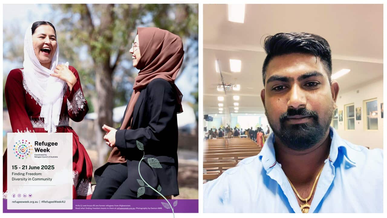 Left: Official poster for Refugee Week 2025 Coordinated by Refugee Council of Australia; Right: Arokkiyaraj Mariathas Croos 