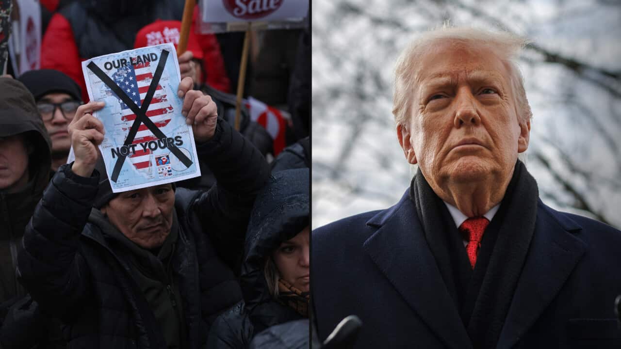A split image. On the left, a man holds up a map of Greenland with a US flag on it that reads “OUR LAND NOT YOURS“. On the right, an image of Donald Trump.