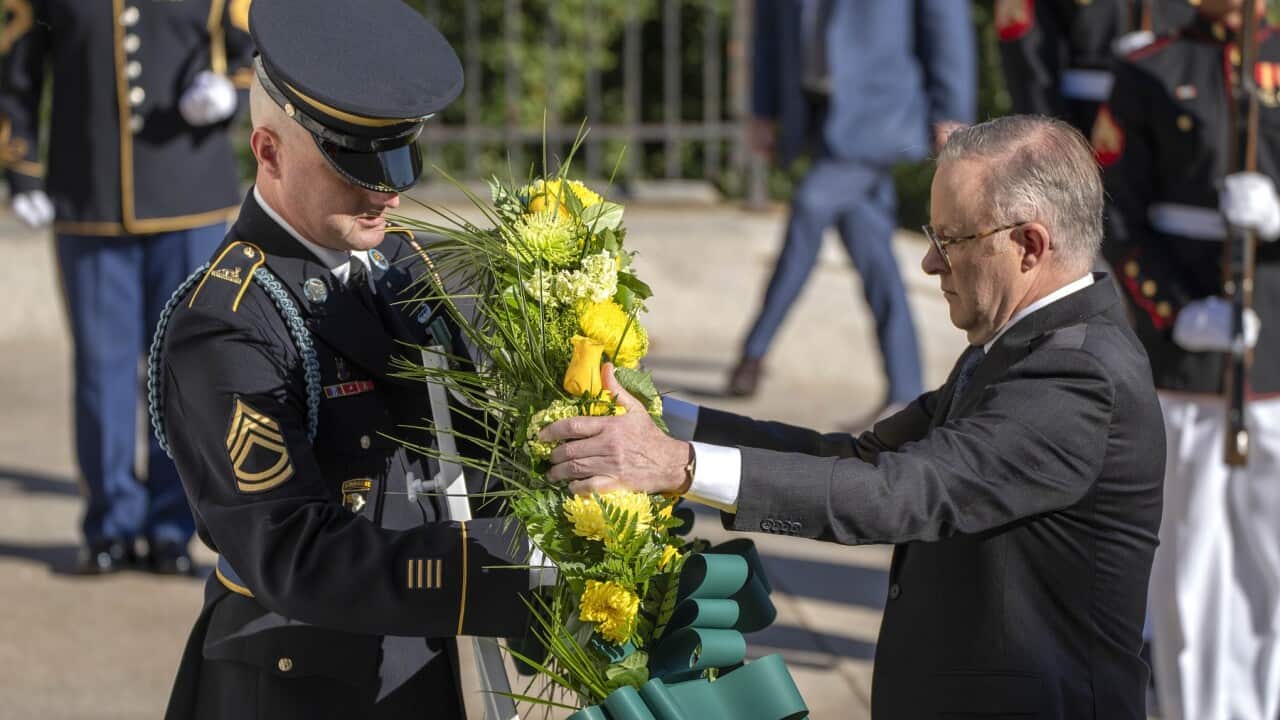 Anthony Albanese places a wreath at the Tomb of the Unknown Solider at Arlington National Cemetery