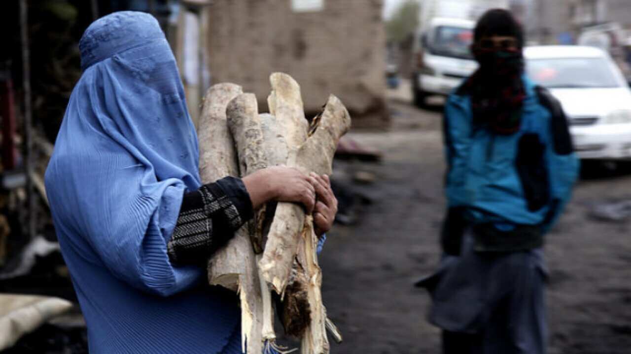 Woman in Kabul carrying woods