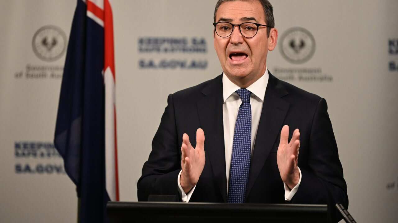 South Australia Premier Steven Marshall speaks to the media during a press conference in Adelaide.
