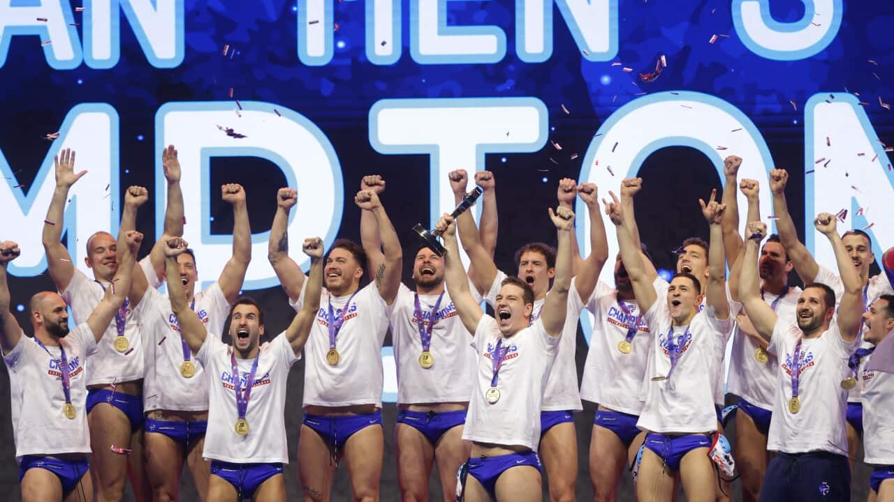 Players of Serbia celebrate on the podium after winning the European Aquatics Men's Water Polo Championship final match between Serbia and Hungary in Belgrade, Serbia, 25 January 2026