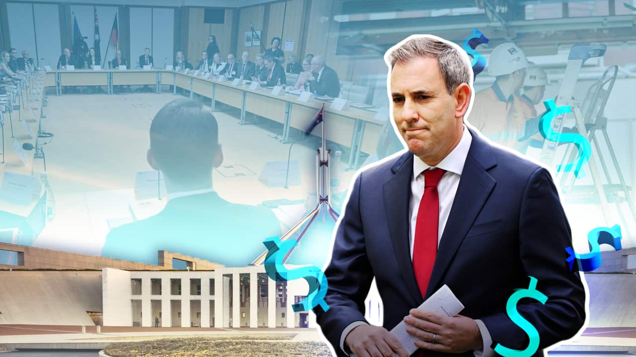 A graphic of a man in a suit next to federal parliament and symbols representing currency