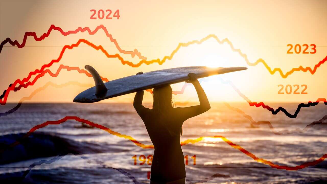 A woman holding a surfboard looks over ocean waves. Lines showing rising temperatures are also shown