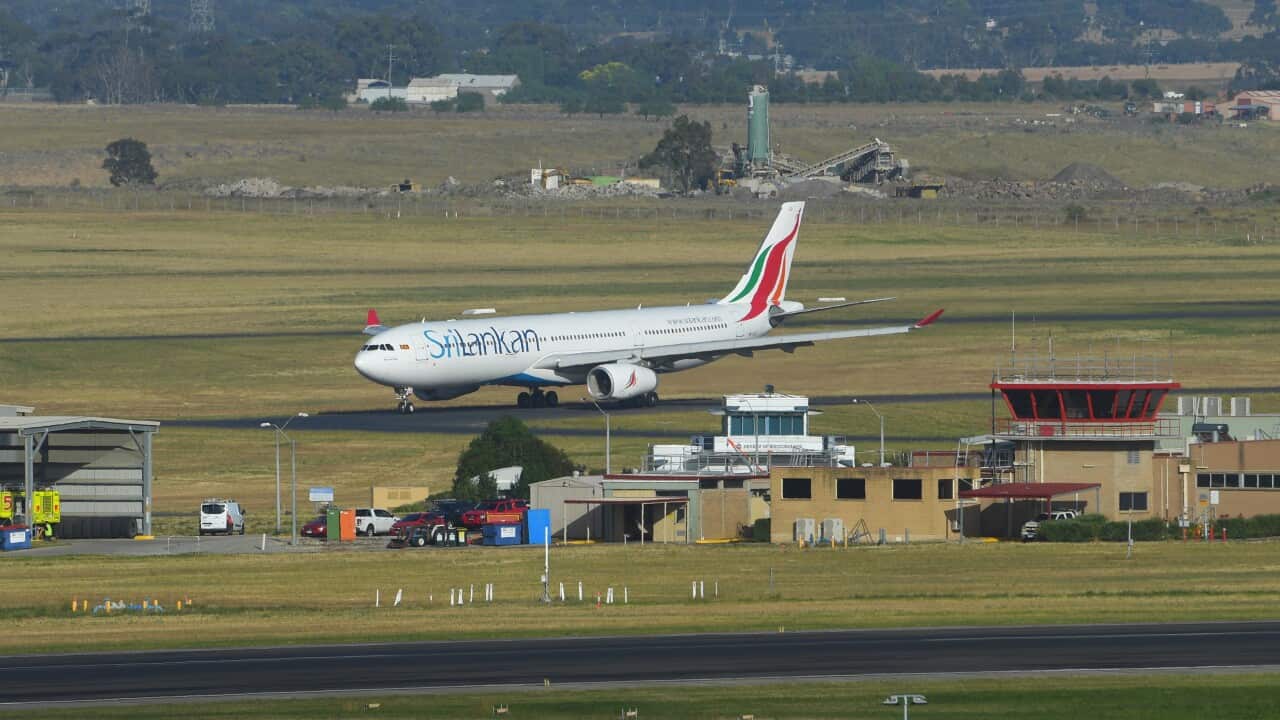 SriLankan Airlines flight UL604 is seen taxing at Tullamarine Airport after landing in Melbourne, Monday, 7 December, 2020. 