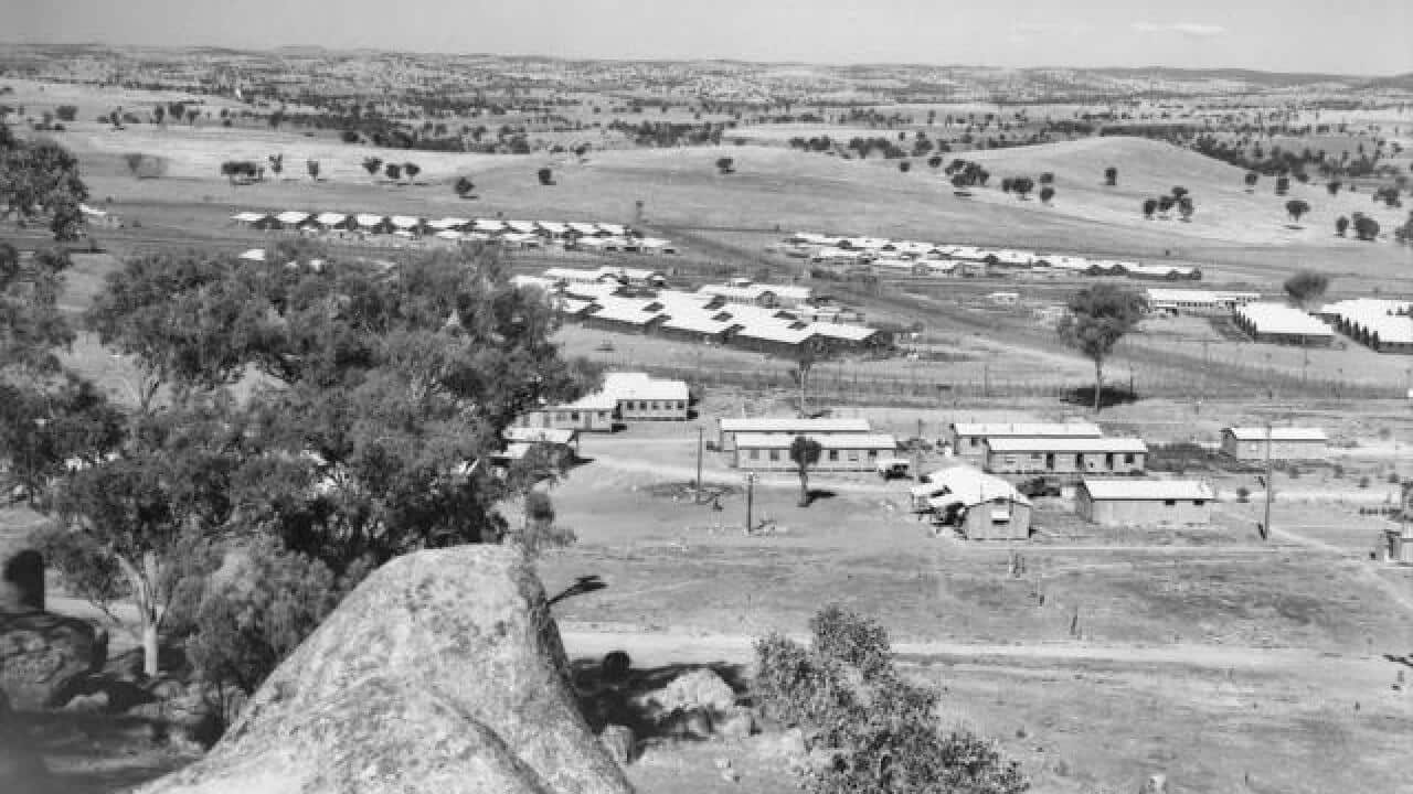 Looking west showing the compounds of the 12th Australian Prisoner of War Camp at Cowra. Australian War Memorial.jpg