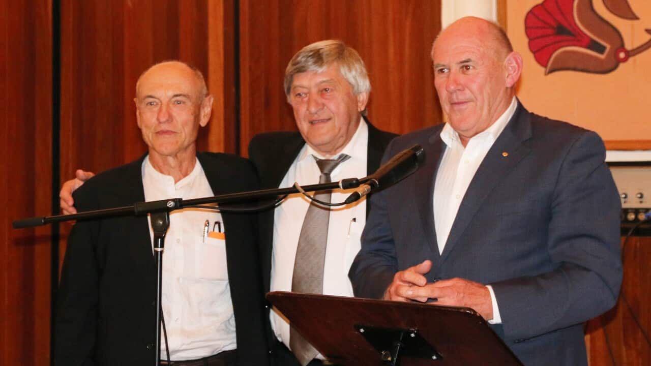 Outgoing and incoming Presidents Slawko Kohut and Michael Moravski with President of the Australian Federation of Ukrainian Organisations Stefan Romaniw, OAM.