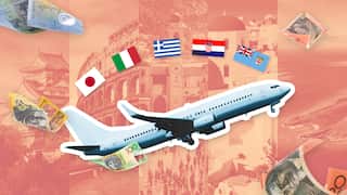 Graphic showing a plane, floating cash and the flags of Japan, Italy, Greece, Croatia and Fiji.