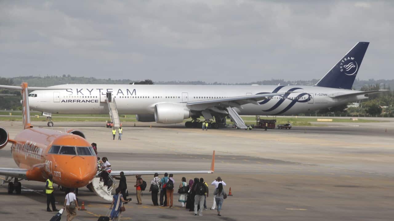 The Boeing 777 Air France flight 463 parked at Moi International Airport in Kenyan coastal city Mombasa, 20 December 2015. 