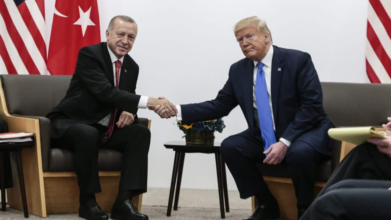Turkish President Recep Tayyip Erdogan (L) shakes hand with U.S President Donald Trump (R).