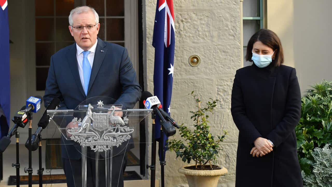 Prime Minister Scott Morrison and NSW Premier Gladys Berejiklian during the announcement of a Covid-19 financial support package at Kirribilli House in Sydney.