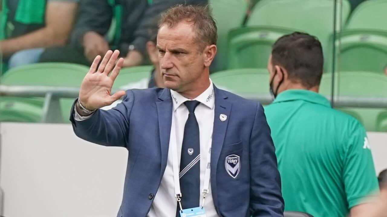 Grant Brebner gestures during a Melbourne Victory match
