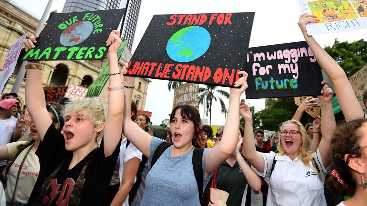 School students take part in a climate change strike in Brisbane in March, 2020.