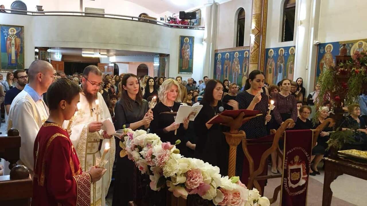 Rev Vlado Nedeski during liturgy with parishioners at Macedonian POrthodox Curch 'Saint Petka' in Sydney