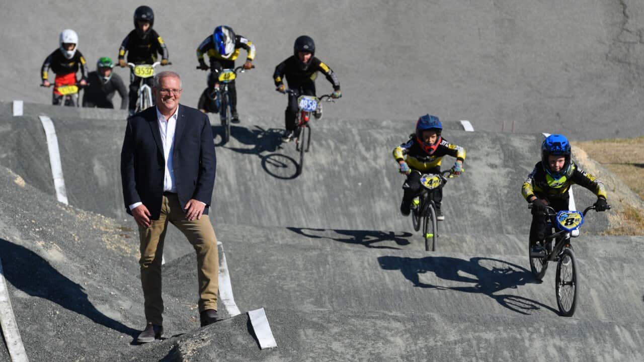 Prime Minister Scott Morrison during a visit to Wanneroo BMX Club on Day 8 of the 2022 federal election campaign, in Perth, in the Division of Pearce. Monday, April 18, 2022. (AAP Image/Mick Tsikas) NO ARCHIVING