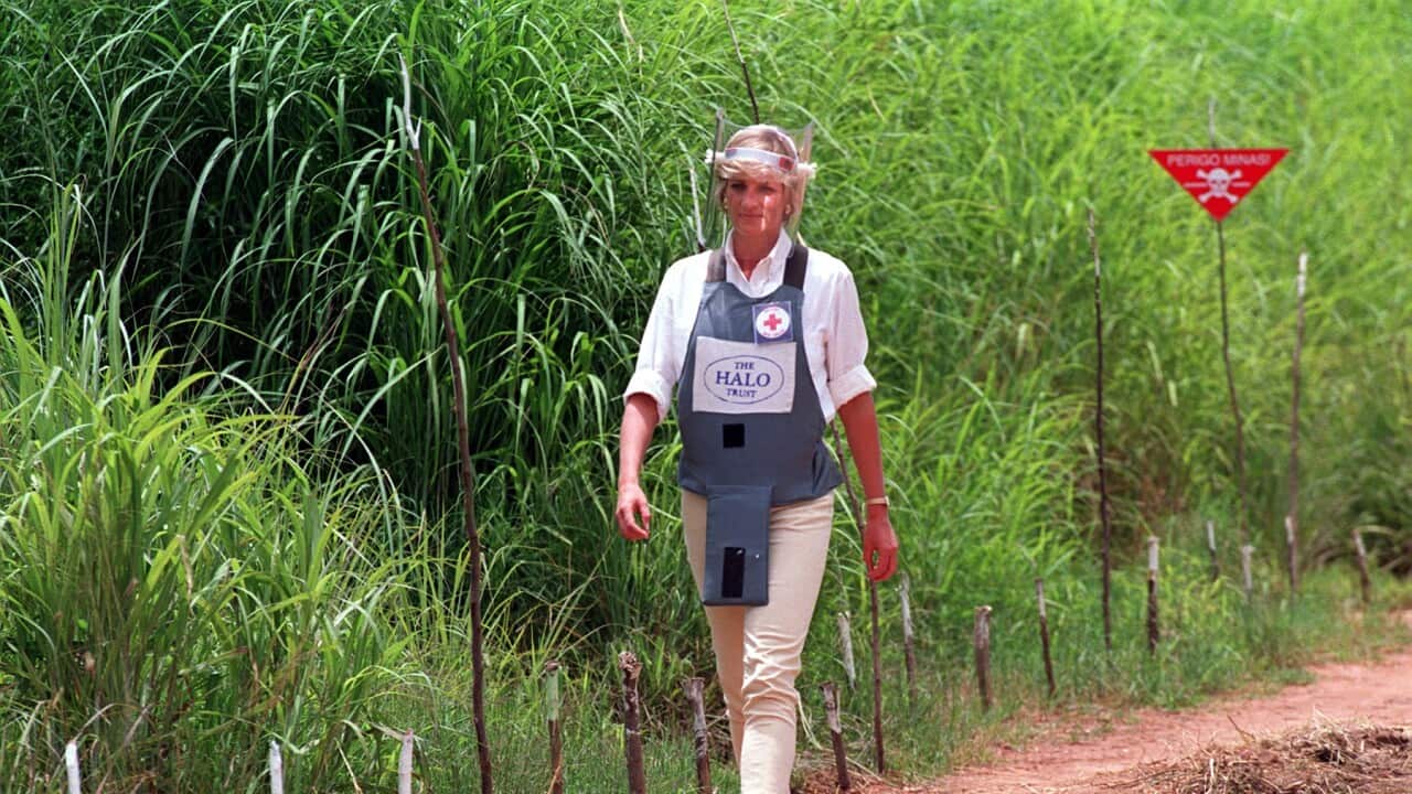 Diana, Princess of Wales, walking alongside a minefield in Angola 30 years ago.