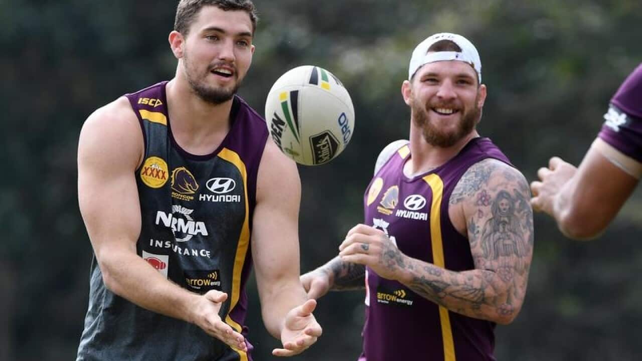 Corey Oates and Josh McGuire during the Brisbane Broncos training.