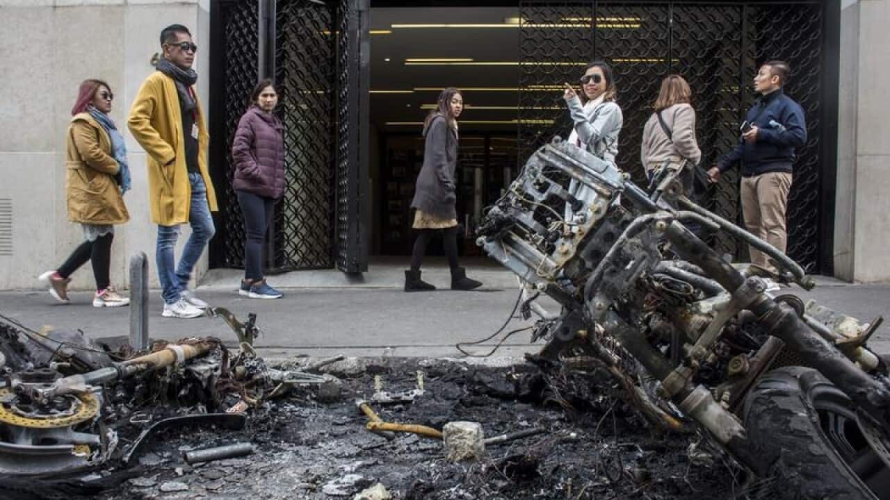 A burnt shop front on the Champs Elysees in Paris