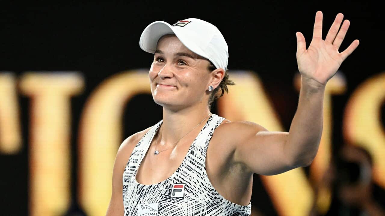 Ashleigh Barty of Australia gestures to the crowd after winning her Womens singles semifinal against Madison Keys of the USA on Day 11 of the Australian Open, at Melbourne Park, in Melbourne, Thursday, January 27, 2022. (AAP Image/Dave Hunt) NO ARCHIVING,