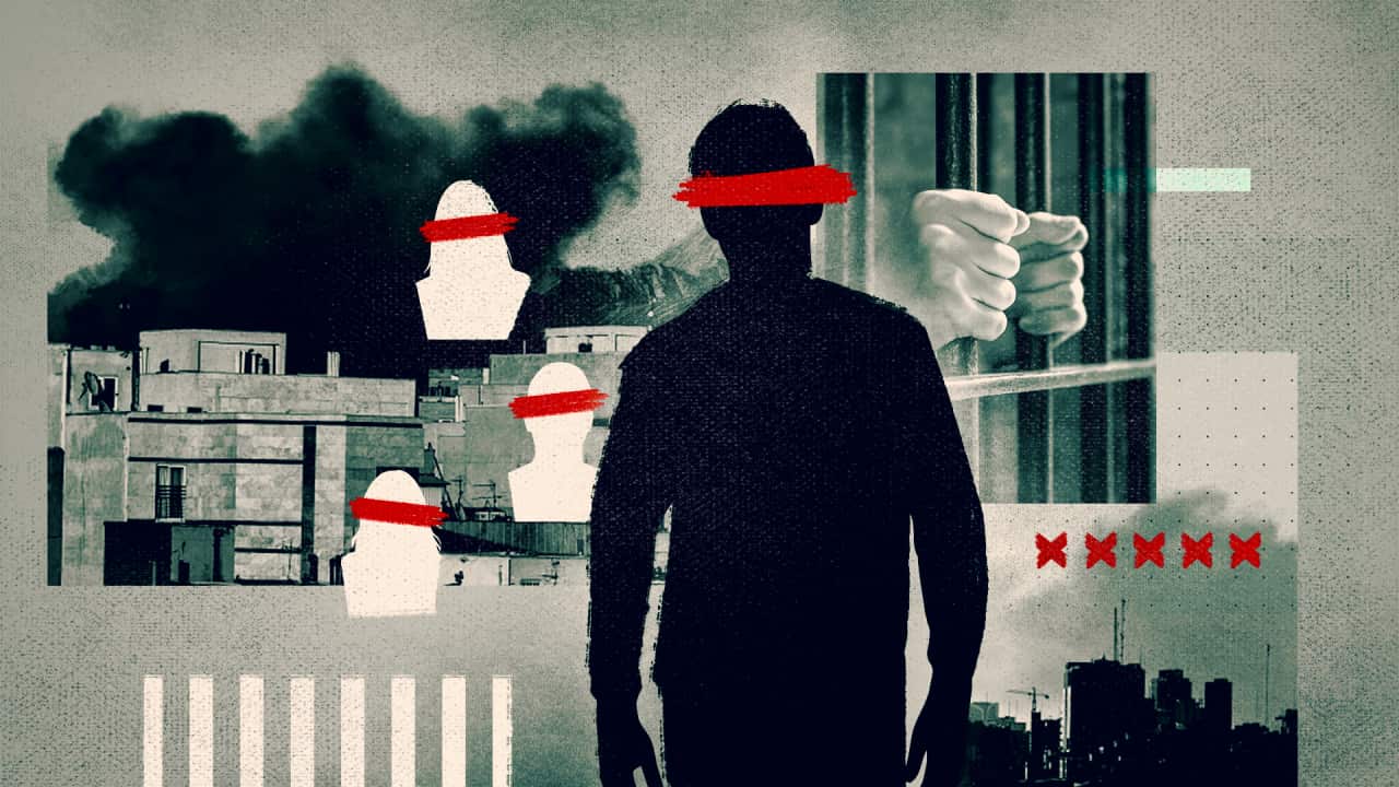 Illustration of Iranian political prisoners during wartime: silhouettes of detainees with red bars across their eyes, prison bars, and smoke rising over buildings, symbolising repression and conflict.