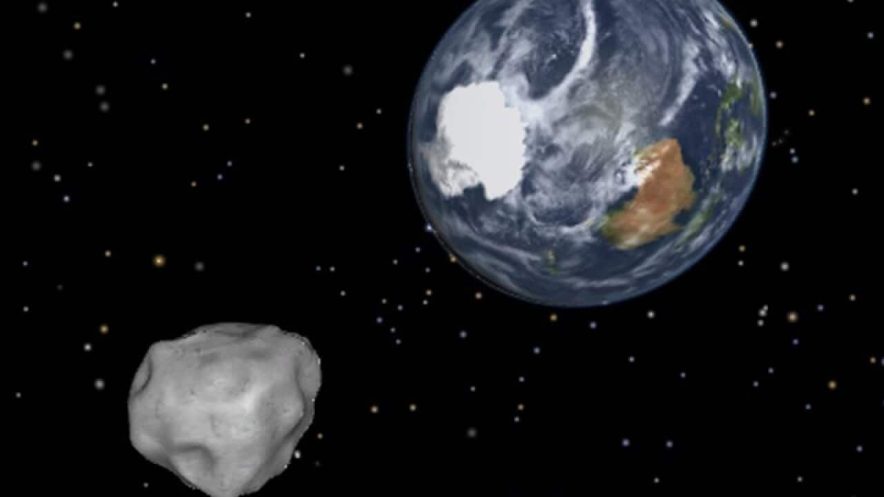 A diagram depicting the passage of an asteroid through the Earth-moon