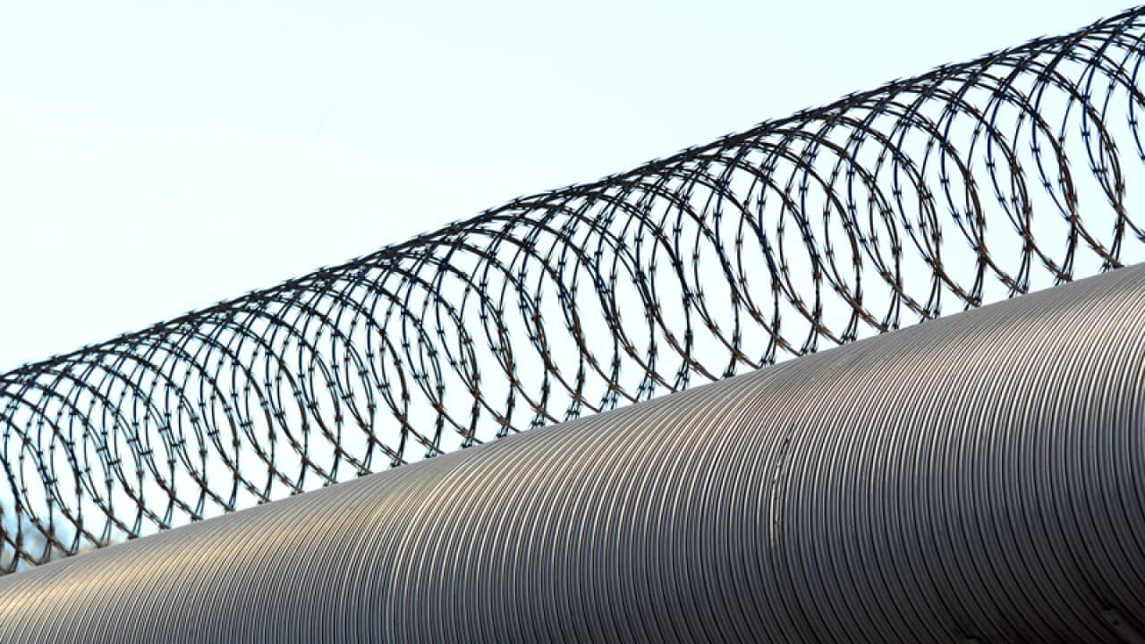 Barbed wire on a jail fence.