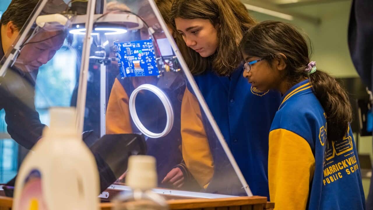 Marrickville Public School students get to know the new smart recycling bin