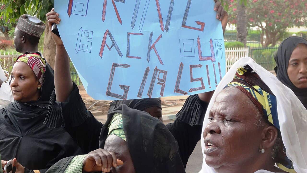 Protesters call for the release of at least 187 school girls abducted by Boko Haram Islamists (AAP)
