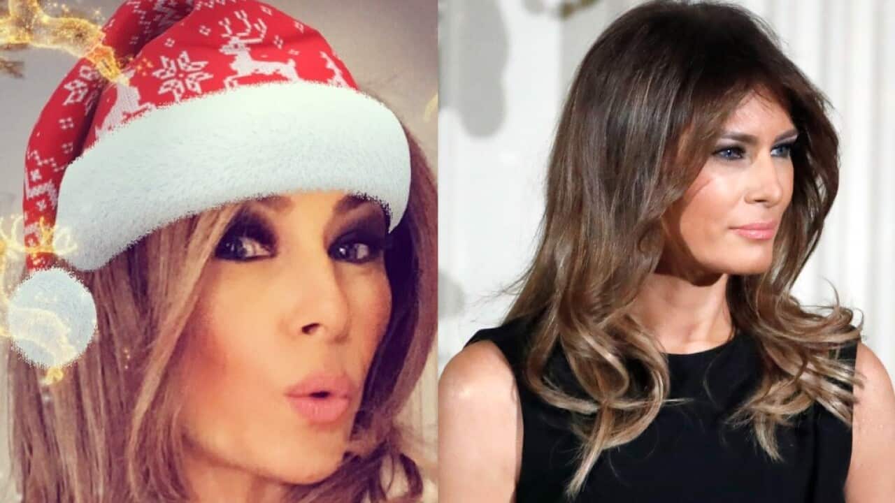 Composite image: Melania Trump's Twitter selfie (L) and an image of her while her husband President Donald Trump speaks on December 7