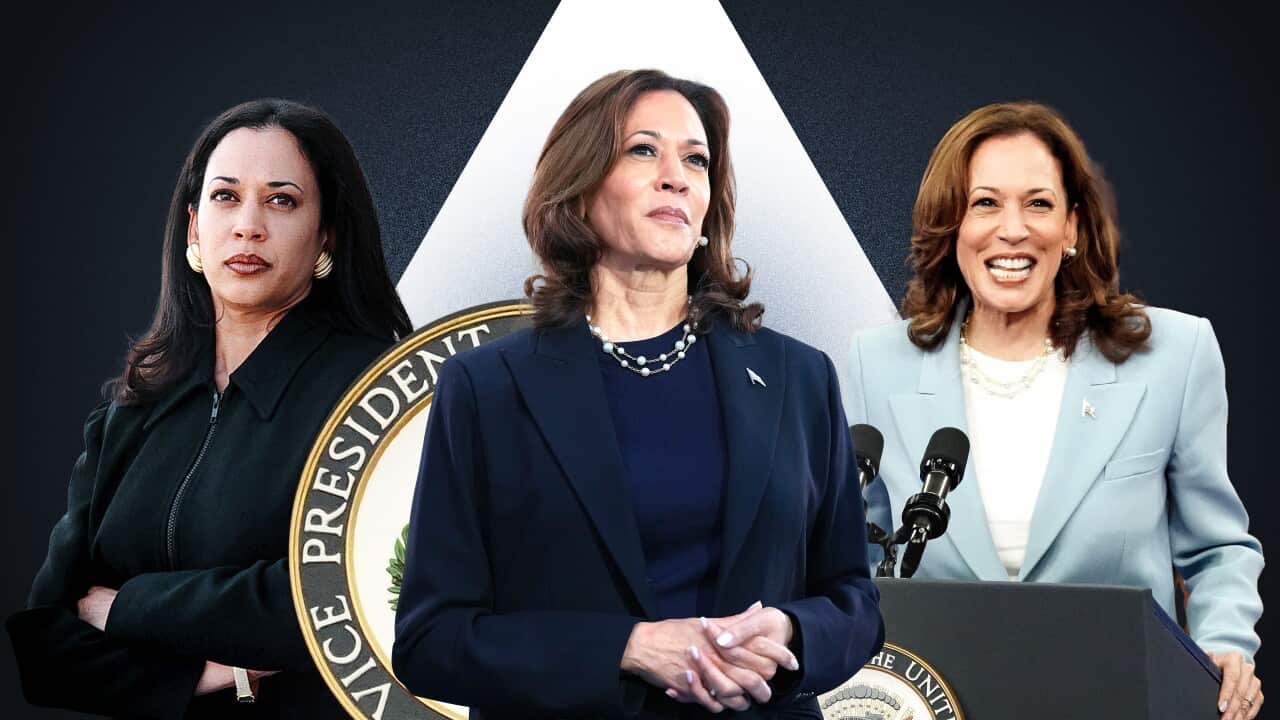 Three superimposed images of Kamala Harris show her at various stages of her career.