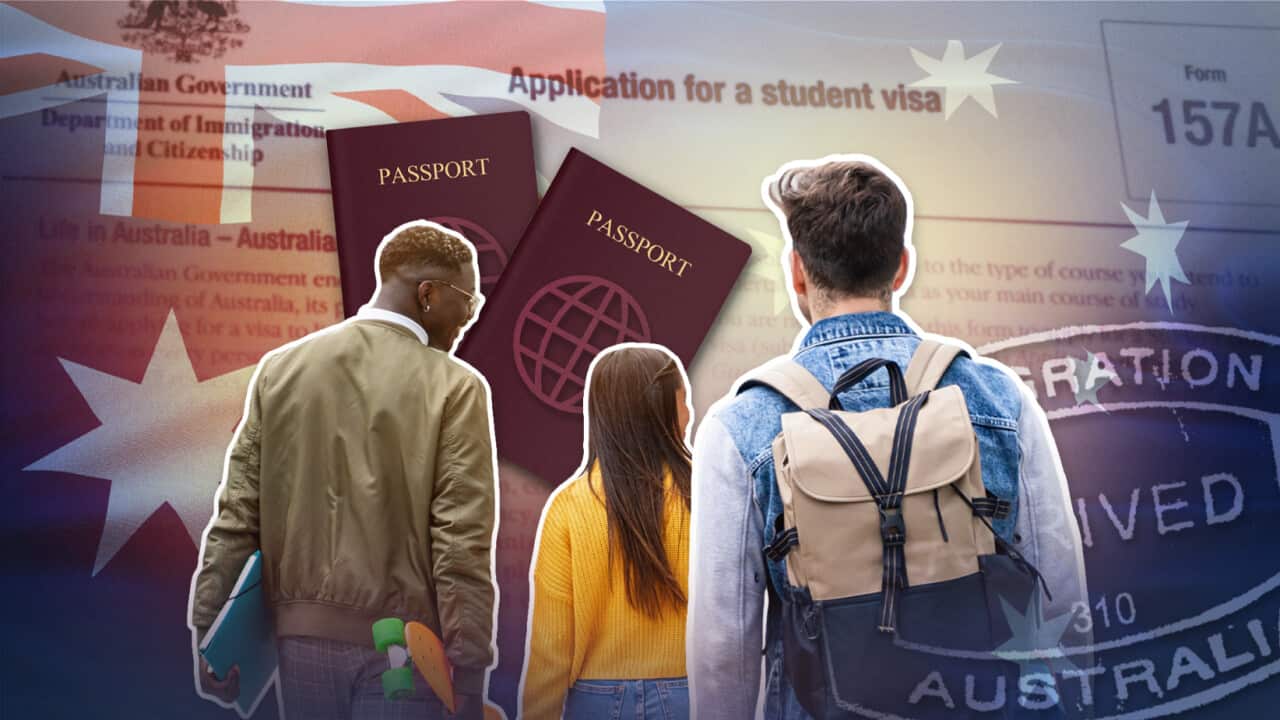 A stylised image featuring three people with their backs turned, with two Australian passports, a student visa application form, a visa stamp and an Australian flag in the background.
