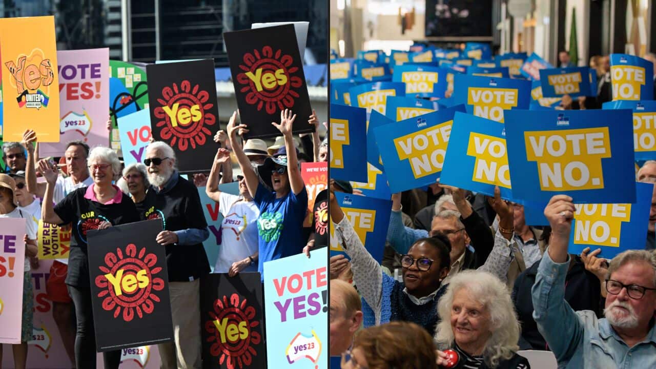 Two photos of people holding banners and placards put together.