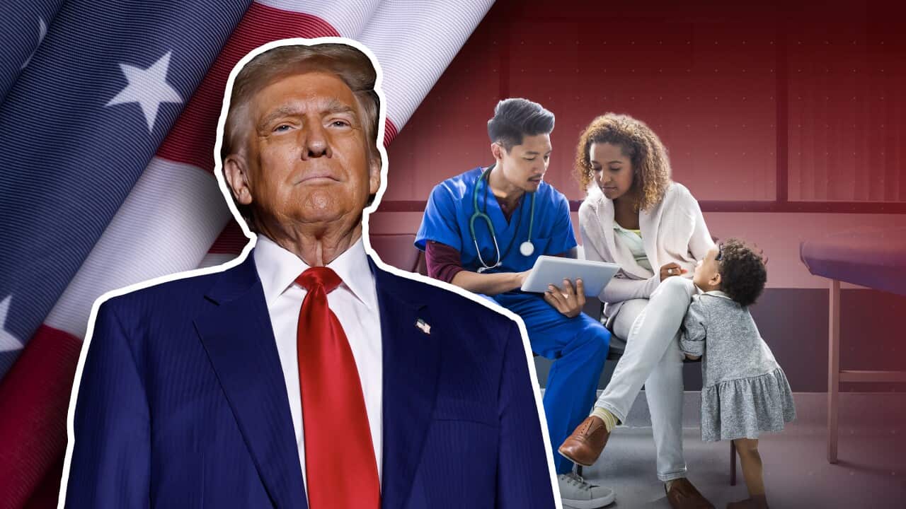 The graphic features a superimposed image of Donald Trump, with the American flag in the background. A healthcare worker shows a screen to a woman on a bench with a small child standing beside her.