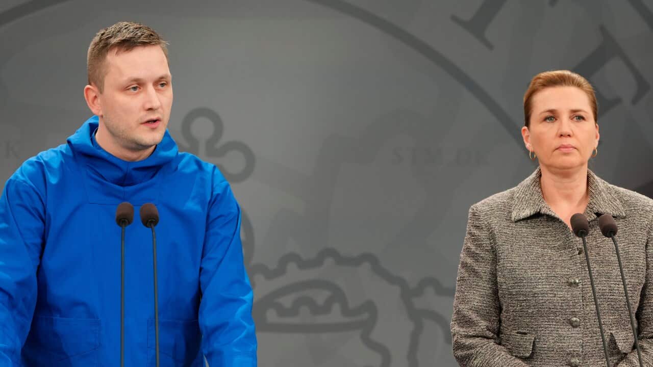 Chairman of the Naalakkersuisut, Greenland, Jens-Frederik Nielsen and Denmark's Prime Minister Mette Frederiksen, stand together during aoress conference