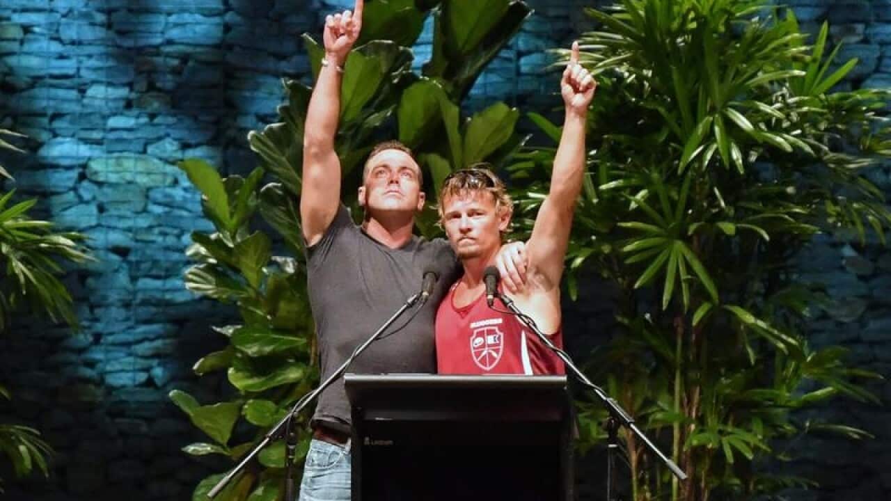 Trawler survivor Ruben McDornan with second skipper Adam Kelly.