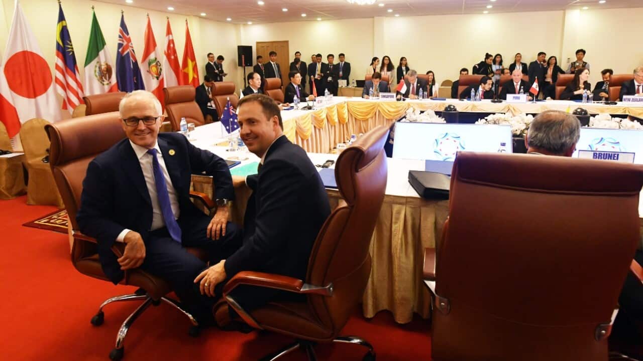 Australia's Minister for Trade Steven Ciobo and Australia's Prime Minister Malcolm Turnbull at a meeting for the Trans Pacific Partnership (TPP) during the APEC