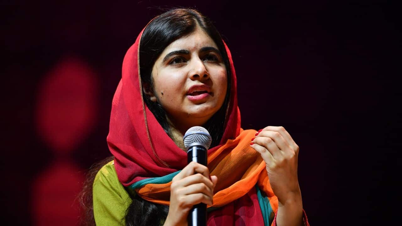 Pakistani activist Malala Yousafzai, the youngest Nobel Prize laureate, delivers a speech at the ICC Sydney Theatre in Sydney.