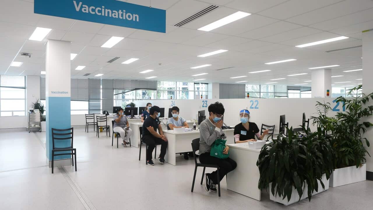 A general view of the Homebush vaccination hub, in Sydney, Sunday, February 6, 2022 (AAP Image/Pool, Gaye Gerard ) NO ARCHIVING