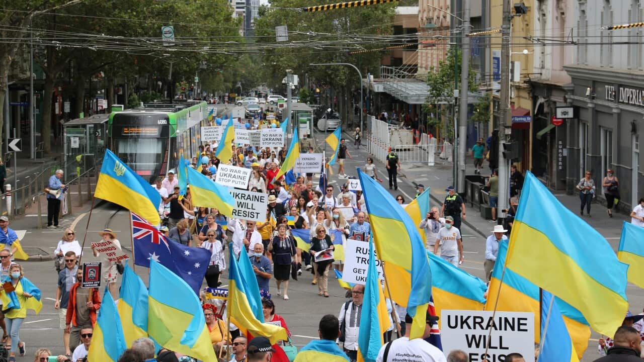 A rally against the war and in support of Ukraine was held in Melbourne on February 20.