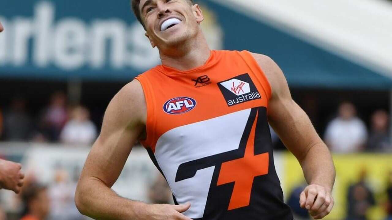 GWS Giants Jeremy Cameron reacts after attempting a goal in Canberra.