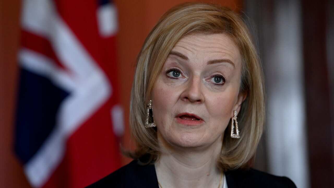 British Foreign Secretary Liz Truss is seen during top of meeting remarks ahead of Australia-United Kingdom Ministerial Consultations (AUKMIN) talks at Admiralty House, in Sydney, Friday, January 21, 2022. Australian and British defence and foreign affair