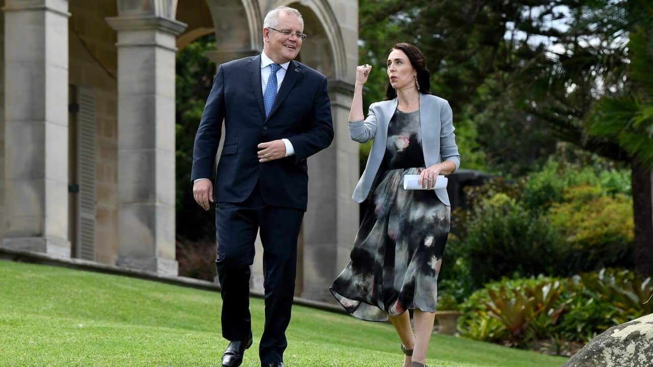 Australian Prime Minister Scott Morrison (left) and New Zealand Prime Minister Jacinda Ardern are seen arriving for a press conference at Admiralty House in Sydney, Friday, February 28, 2020. (AAP Image/Bianca De Marchi) NO ARCHIVING