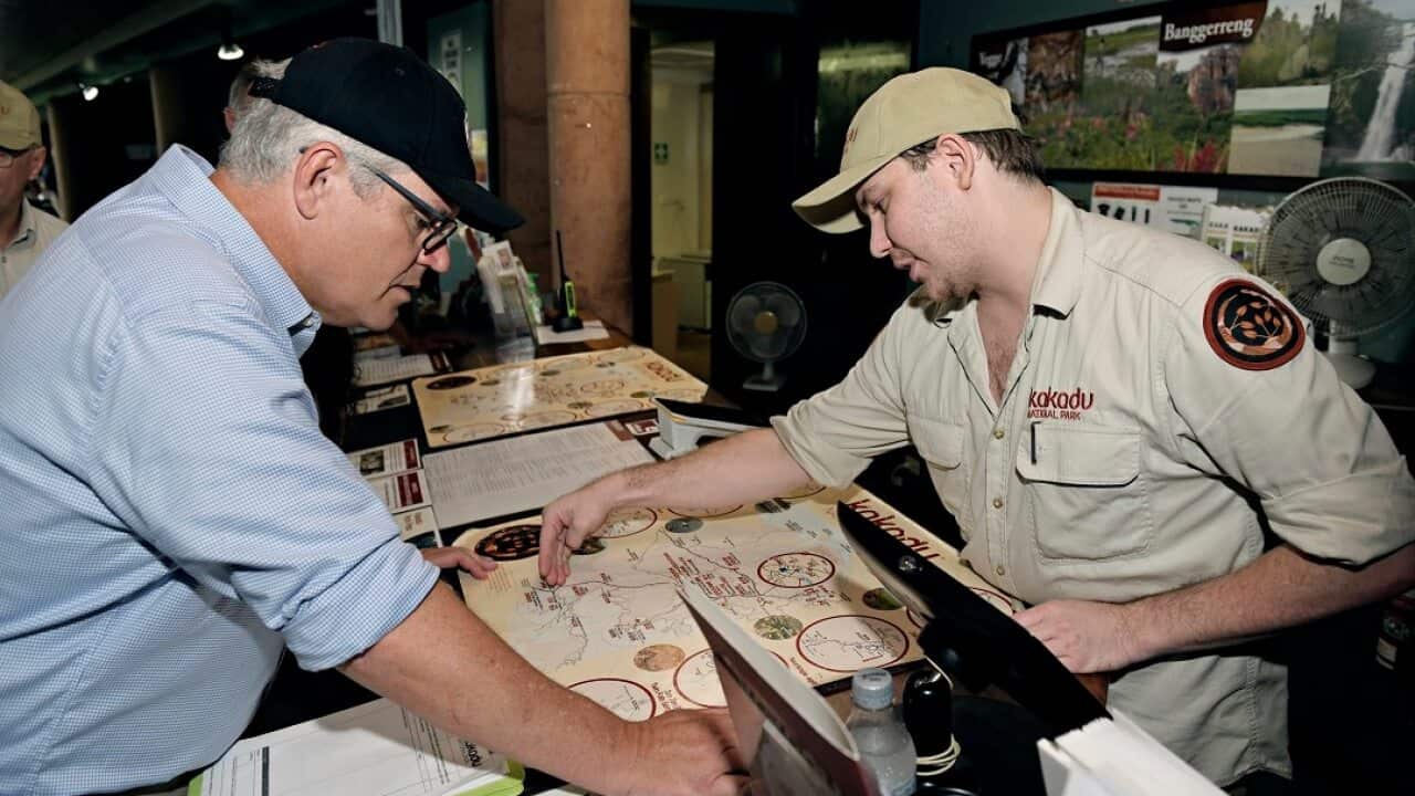 Australian Prime Minister Scott Morrison during a visit to the Bowali Visitor Centre, Jabiru in the Northern Territory.