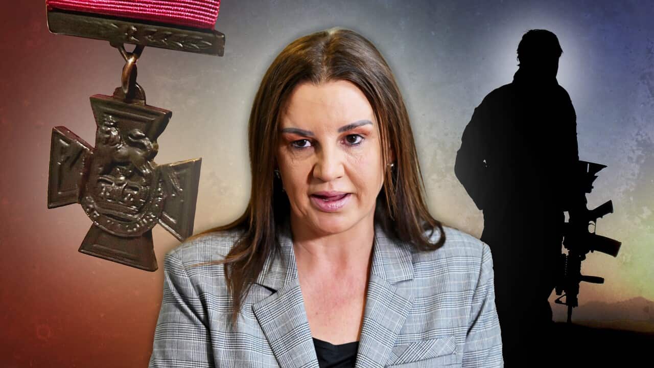 Graphic showing Jacqui Lambie, a Victoria Cross, and an Australian SAS soldier.