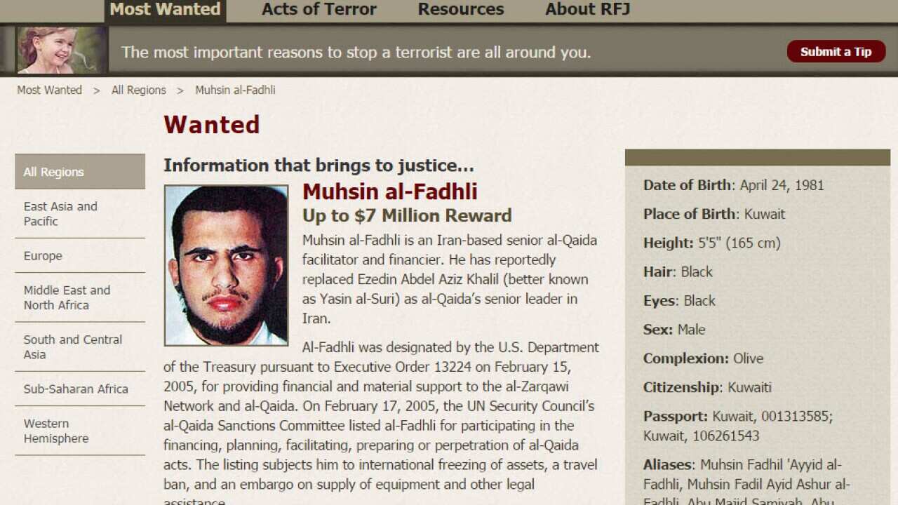The US Department of State has offered a $US7 million reward for Muhsin al-Fadhli, an Iran-based senior al-Qaida facilitator and financier. (Screenshot: US Department of State)