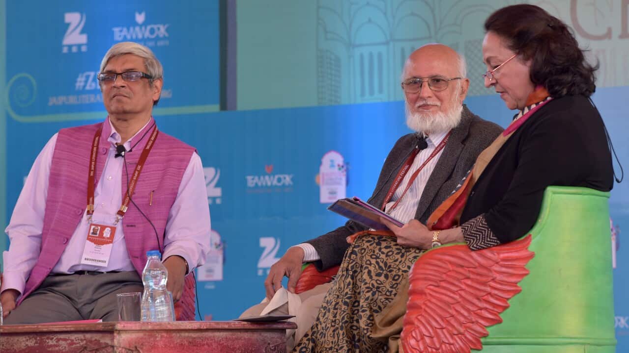 Writer and Economist Bibek Debroy with Poet and playwright Sitanshu Yashaschandra and Writer Sudha Gopalkrishna during the session at the 9th Edition of Jaipur Literature Festival at Diggi Palace in Jaipur, 24Jan,2016.