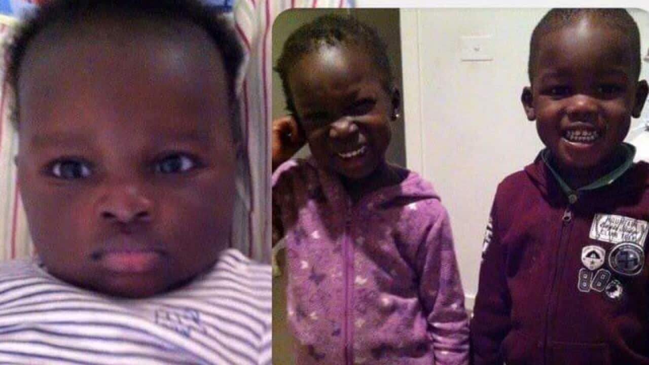 Supplied image obtained Thursday, April 9, 2015 of (L-R) one-year-old Bol, four-year-old Anger, and four-year-old Maudit, who were victims.